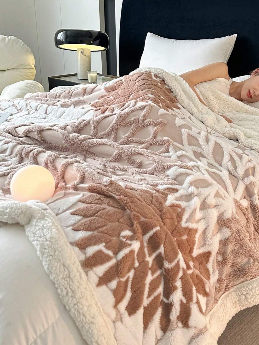 1 件加厚双层波西米亚风格提花仿毛皮羊毛毯，柔软温暖，可翻转，适合床上、沙发、办公室、汽车、旅行、野餐、派对，四季皆宜 - 駝色 - 查看 1