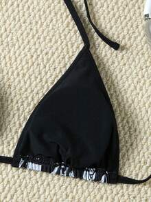 Set bikini da donna a 2 pezzi, costume da bagno sexy con stampa di lettere, schiena annodata e aperta, adatto per vacanze al mare, primavera/estate - nero - Visualizzare 5