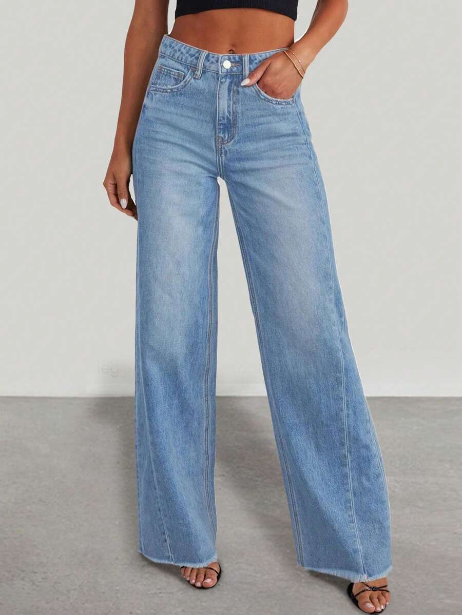 Women's Summer Fashion Wide Leg Jeans High Waist Elastic Loose Frayed Edge Denim Wide Leg Pants With Pockets - Màu xanh nhạt - Xem 1
