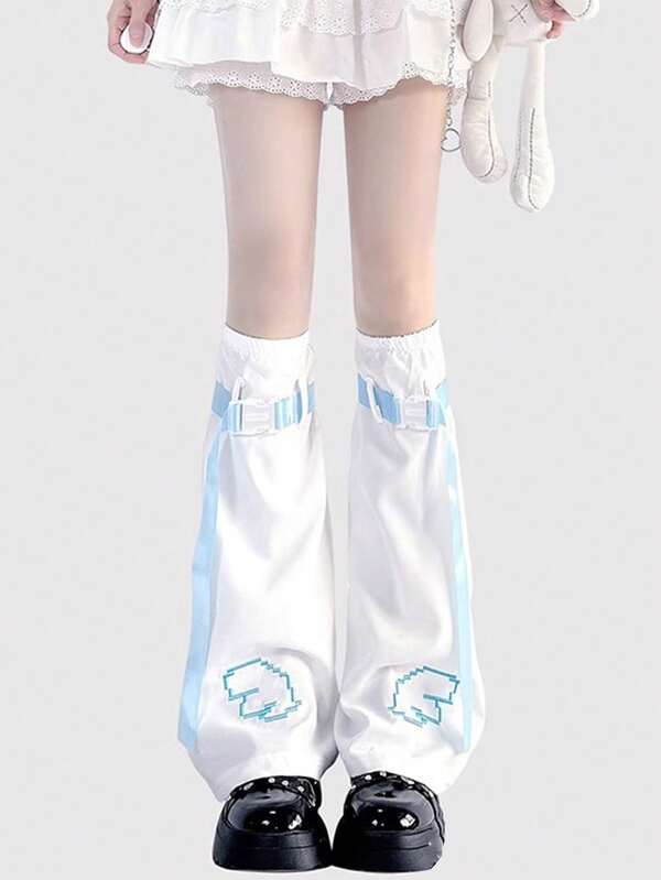 Damskie nowe ocieplacze na nogi w stylu Y2K Harajuku Subkultura, z kokardą i skrzydełkami, z haftem anime i unikatowymi, rozkloszowanymi ocieplaczami na nogi z klamrą