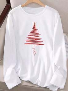 Women's Casual Long Sleeve Round Neck Pattern Printed T-Shirt - Red Christmas Tree Design, Comfortable Fabric, Machine Washable, Suitable For Autumn And Winter Festive Seasons, Family Christmas Shirt Zjy - Unisex Plus Size Top - 白色 - 查看 3