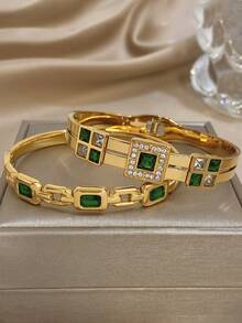 Elegantes vintage grünes Zirkonia Armband, Goldarmband, Edelstahl Armband für Frauen, geeignet für den täglichen Gebrauch, Partys, Weihnachten, Halloween, Geburtstagsgeschenkset - Verschiedenfarbig - Übersicht 3