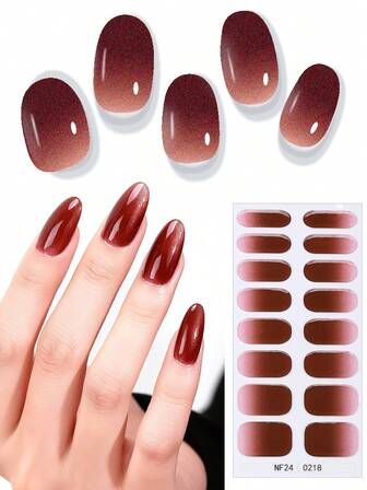 16 Tips Semi Cure Gel Nail Wraps, Fashion Elegant Whitening Rich Burgundy Crystal Nail Art Stickers, Self-Adhesive Full Wrap Nail Art Set, Need To Use With UV Lamp, Easy To Apply And Remove, Suitable For Women And Girls Daily Party DIY Nail Art Use