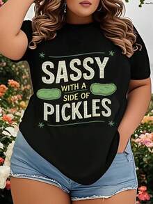 Sassy With A Side Of Pickles T-Shirt For Women - Funny Plus Size Graphic Tee, Casual Summer Top With Humor Design, Perfect For Pickle Lovers And Sassy Girls, Great Gift For Her, Birthday Or Everyday Wear - màu đen - Xem 1