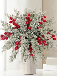 30pcs Christmas Artificial Snow Pine Branches With Red Berries, Faux Norfolk Pine Needles, For DIY Crafts, Wreaths, Home Decor, And Christmas Tree Ornaments, Tabletop Plastic Greenery For Fall, Winter, And Holiday Arrangements Garland Home Decor Christmas Decorations Room Decor