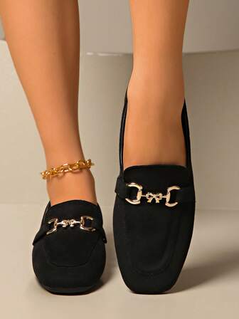 女士方头平底金属扣乐福鞋，纯色，时尚百搭，适合度假、休闲运动、前卫派对、通勤、日常穿着、海滩、波西米亚风、可爱风、朋克风、复古风、婚礼、商务、办公、节日、派对、室内、室外、春、夏、秋、冬等各种场合。