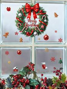 1 pieza Pegatinas navideñas de PVC 3D realistas y removibles con adhesivo doble cara - Corona con bastones de caramelo, hombre de jengibre, lazo rojo - Decoración DIY para puertas, espejos, paneles de vidrio