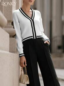 DONICY Damen einfarbige Kontrast V-Ausschnitt Einreiher Strickjacke, modischer retro minimalistischer vielseitiger Schwarz & WeTopeil, geeignet Lässigsual, Business, Konzerte, Schule, Partys