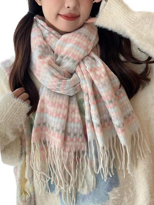 Elegant 1pc Unisex Multicolor Plaid Scarf, Warm & Versatile Winter Accessory For Students, Everyday Wear
