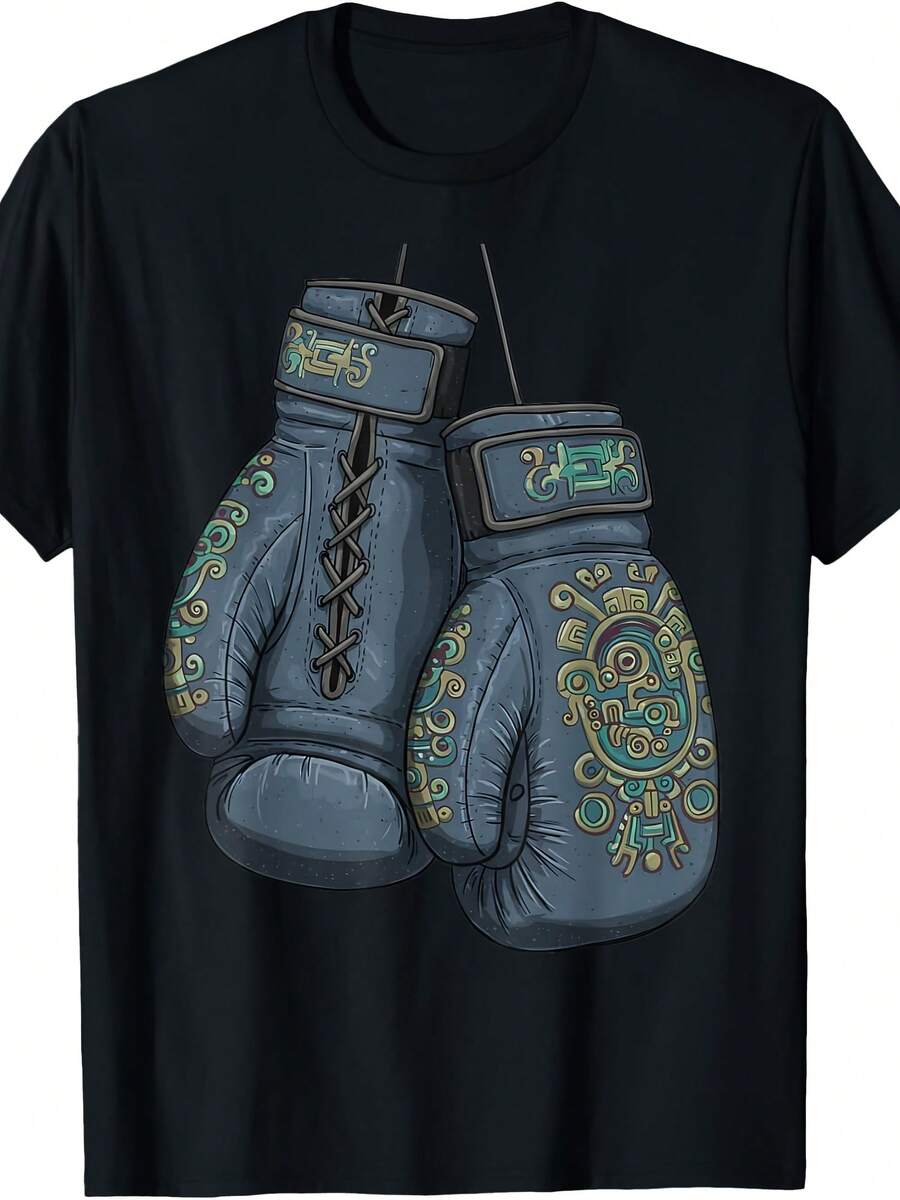 Mexican Vintage Style Boxing Gloves Mayan Fighter T-Shirt - Style 13 - View 1