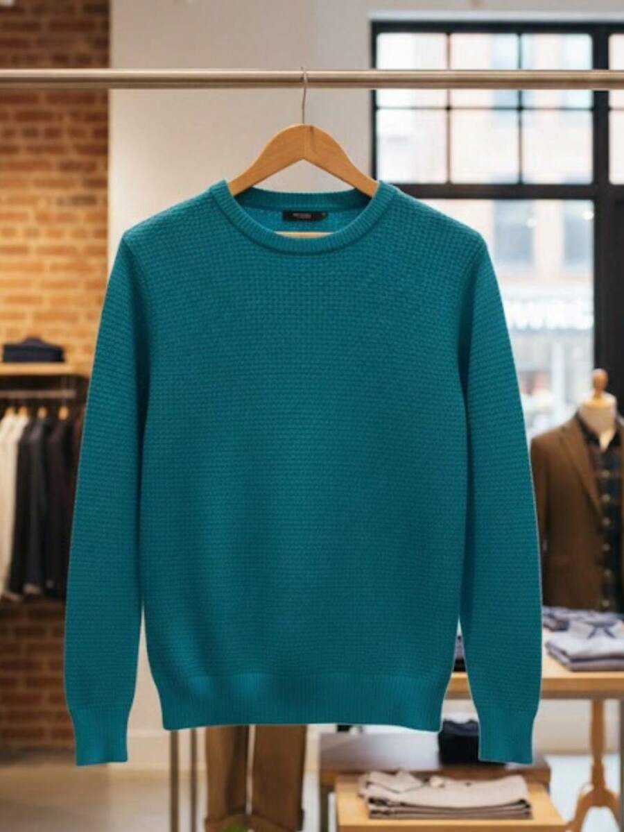 Men's Knitted Sweater, Round Neck, Long Sleeve, Basic Casual Knit Top - 藍色 - 查看 1