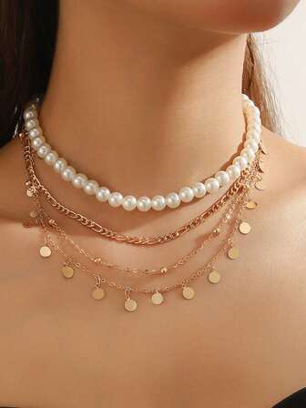 Alloy Faux Pearl Necklace, Versatile Choker Pendant Necklace, Layered Necklace Jewelry For Women