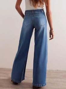 Women Wide Leg Baggy Jeans High Waisted Straight Stretchy Denim Pants Seamed Long Trousers - 藍色 - 查看 4
