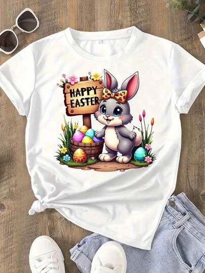 Camiseta gráfica de conejo de Pascua feliz con huevos coloridos para mujeres de talla grande - Camiseta casual negra de cuello redondo, cómoda para todas las estaciones, tallas 0XL-4XL, lavable a máquina, camiseta de primavera verano |     Diseño festivo |     Camisetas cómodas Fitgraphic para hombres, camisetas de streetwear, camisa blanca, camisa negra, sueltas y cómodas