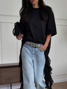 Women's Casual Loose Short Sleeve Chiffon Patchwork Design T-Shirt, Solid Color Knit Fabric, Suitable For Leisure, Daily Wear, Dates, Airports, Summer Black - Black - View 7