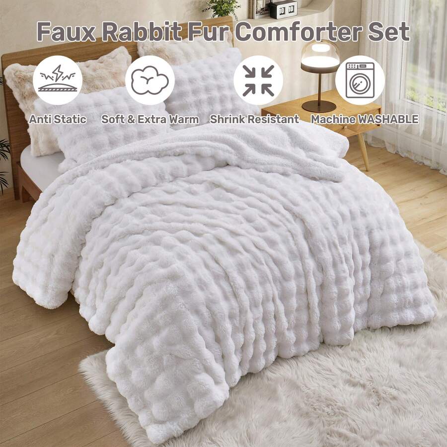 Super Soft Warm Fluffy Faux Rabbit Plush Comforter Antistatic Bed Blanket , Reversible Sherpa Berber Fleece Comforter Sets Faux Fur Comforter Plush Fuzzy Bed Set , Winter Warm Bedding Sets With 2 Pillow Cases, Queen Or King - 白色 - 查看 1