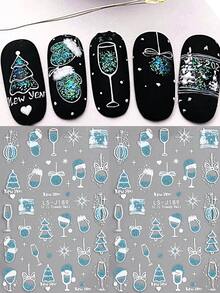 2 pezzi Adesivi per unghie decorativi natalizi e per Capodanno, con glitter blu, bicchiere di vino, cappello di Babbo Natale, palline di Natale, albero di Natale, decorazioni per unghie lucide e carine, adesivi per unghie fai-da-te, forniture per salone di manicure