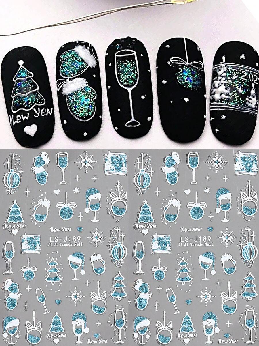 2 pezzi Adesivi per unghie decorativi natalizi e per Capodanno, con glitter blu, bicchiere di vino, cappello di Babbo Natale, palline di Natale, albero di Natale, decorazioni per unghie lucide e carine, adesivi per unghie fai-da-te, forniture per salone di manicure