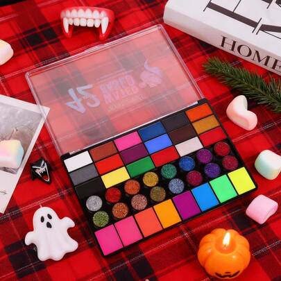 42 Colors Painting Palette (2 Random Pattern Templates Included), Rich Colors With Fluorescent, Matte, And Glitter Finishes, High Saturation Suitable For Exhibitions, Performances, Parties, Halloween, Christmas, Sports Events, Cheerleading Costumes, Water-Soluble And Easy To Clean, Odorless