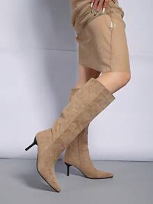 秋冬季尖头时尚百搭麂皮过膝长靴，猫跟 - 卡其色 - 查看 3