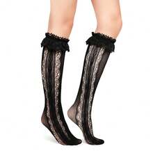 Benefeet Sox Lace Knee High Socks Women Girls Patterned Mesh Fishnet Knee High Stockings Hollow Calf Lolita Sock{"Color_name":"Black-LaceRuffleHeart"} - 黑色蕾絲荷葉邊心形 - 查看 7