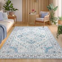 Area Rug 8x10 Feet Washable Rug, Pink Vintage Traditional Rug, Foldable Ultra-Thin Retro Decorative Indoor Distressed Non-Slip Carpet Floral Print Mat Bedroom Living Room Bathroom - Màu xanh lam - Xem 3