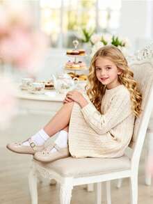 时尚复古女孩优雅玛丽珍平底鞋，米色公主鞋，适合上学、表演或日常穿着 - 米色 - 查看 3