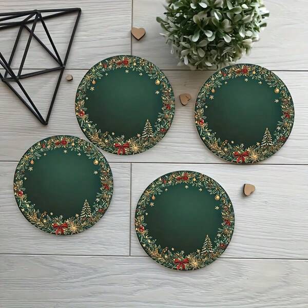 Set Of 6 Festive Wooden Coasters - Green Theme With Snowflakes, Pine Trees And Berries - Ideal For Home, Office, Coffee Cup Decorations - Ideal For Holiday Parties And Outdoor Events - Unique Gift For Friends And Family - 10 Cm, Christmas Decorations, Christmas Gifts, Coaster Set,Coasters Drink Coasters,Coaster For Cup At Home,Available In Sets Of 1 Or 31