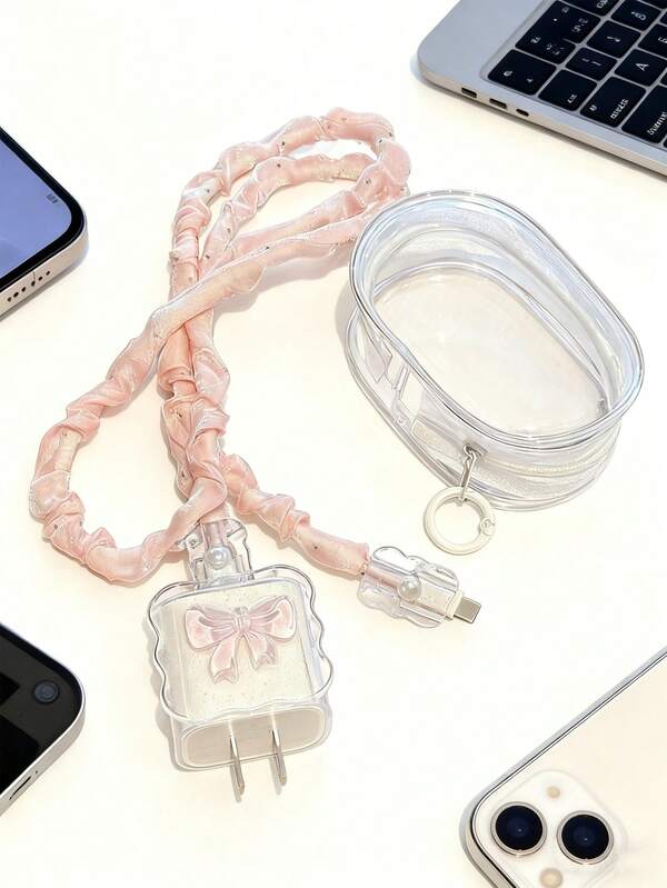 Bowknot Transparent Charger Protector Set, Data Cable Anti-Breakage Sheer Sleeve, Portable Storage Bag, Mobile Digital Data Cable Protector, Anti-Folding And Anti-Scratch Charger Head Protection, Compatible With IPhone 12-17/20W Charger