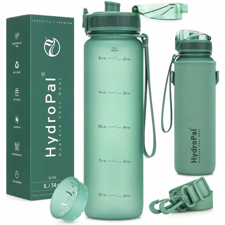 Unistar Water Bottle With Time Marker -Large 34 Oz Tritan Bottle & No Sweat Sleeve -Leak Proof Gym Sports Bottle With Fruit Infuser Strainer & Carrying Strap - Gift Package For Christmas - 深綠 - 查看 1
