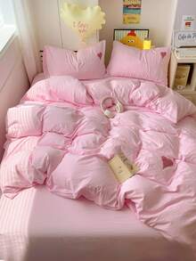 4pcs Pink Heart Embroidery Bedding Set, Soft & Comfortable Bedroom Linens, Breathable All-Season Bed Set Including 1 Duvet Cover, 1 Flat Sheet, 2 Pillowcases, No Filling, Suitable For Bedroom, Dorm, Home Use, Multiple Sizes Available