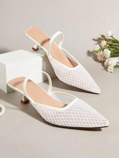 Women's Solid Color Rhombus Knit Mesh Hollow Kitten Heel Shoes, Elegant Pointed Toe High Heels, Fashionable Ankle Strap Open Toe High Heels, Formal Occasion Wedding Party Mule Shoes