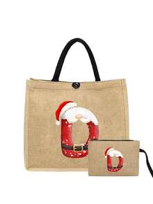 Linen Tote Bag, Including A Printed Initials A-Z Tote Bag And A Printed Small Bag, Letters, Flowers, Christmas Gift, Mother'S Day Gift, Personalized Gift Package, Yellow Linen BlackTote Bag With Black Buckle, Combination Of Small And Large Bags, Suitable For Weddings, Birthdays, Beaches, Holidays - Multicolor - View 45