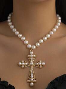1pc Black Pearl Large Cross Double Layer Necklace, Halloween Fashion Personalized Faux Pearl Multi-Layer Large Cross Pendant Choker Necklace, High-End Versatile Necklace Accessory Suitable For Girls And Women (Pearl Quantity Random) - Black - View 6