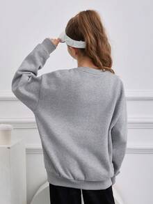 Blue Butterfly Print Warm Fleece Tween Girl Loose Fit Crew Neck Sweatshirt, Casual For Autumn/Winter - Gray - View 2