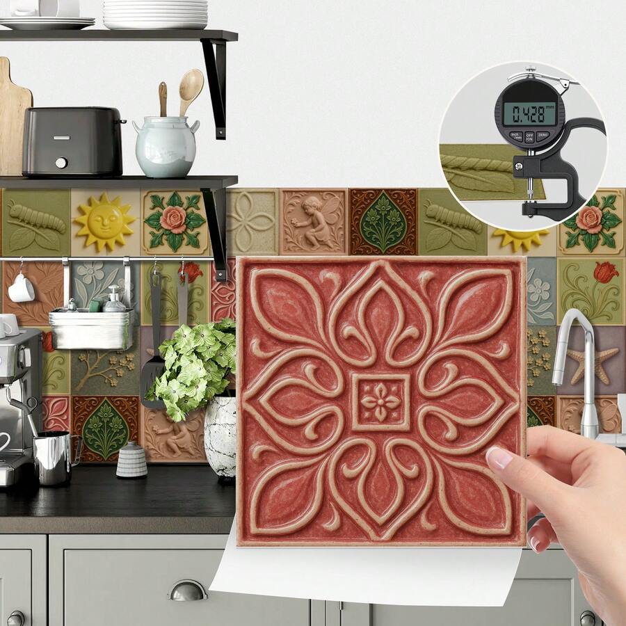 24 Floral Tile Stickers, 4x4 Inches, European Style, Peel And Stick, Waterproof PVC Tile Stickers, Farmhouse Style Kitchen And Bathroom Backsplash Decoration - Nhiều màu - Xem 1