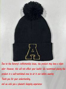 1pc Knit Hat With Pom Pom, Suitable For Baby Boys, Baby Girls, Children, Minimalist Style Winter Warm Hat, Suitable For Outdoor Activities And Daily Commute - Black - View 11