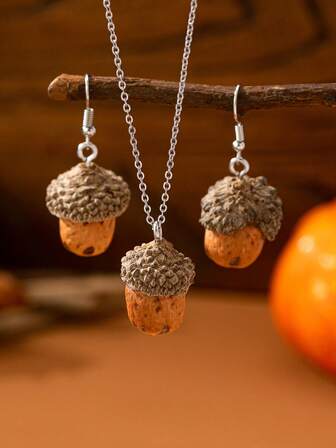 3 件秋季橡子耳环吊坠项链女士时尚感恩节节日首饰套装适合日常佩戴，适合送给母亲、妻子、妈妈的节日礼物