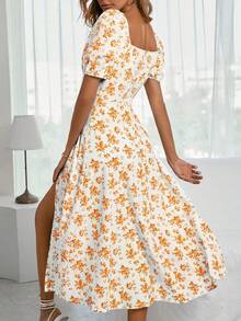 Women's Floral Print Square Neck Dress French Split Hem Dresses Elegant And Sexy - 橘色 - 查看 2