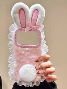 冬季韩式蓬松兔耳朵和尾巴柔软 14 Pro Max/16/17 手机壳，全覆盖防震保护套适用于 15/13，独特的女性化设计 - 粉色 - 查看 3