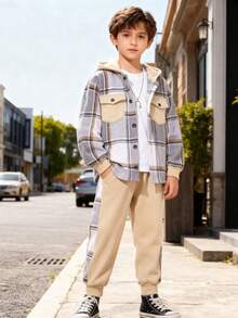 两件套男童格子连帽衫带口袋和运动裤套装，休闲百搭，适合秋冬季 - 卡其色 - 查看 3