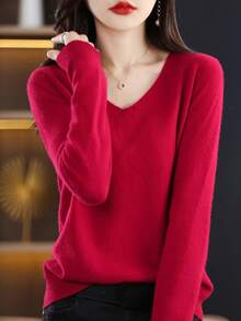 100%美麗諾羊毛女款V領套頭針織衫 秋冬休閒長袖無縫針織毛衣 冬季穿搭服飾 - 紅色 - 查看 5