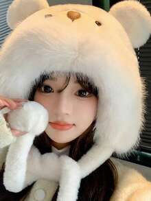 1pc Plush Bear Ear Warmer Hat, Faux Fur Material, Warm & Cute, Suitable For Winter, Casual Wear, Campus, Streetwear - Multicolor - View 4
