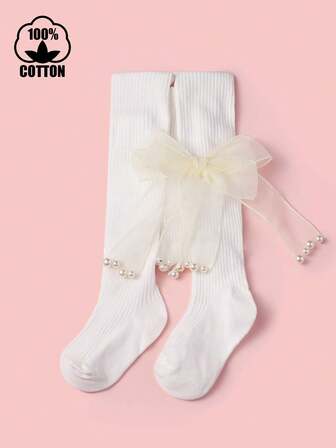 Baby/Toddler Girls' Bow & Pearl Decor Tights, Suitable For Spring, Autumn, Winter