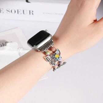 1 件银色弹性蝴蝶串珠手链表带适用于 Series 10 Ultra 2 9 8 7 6 5 4 3 2 SE 优雅复古表带适用于 38/40/41/42/44/45/49MM