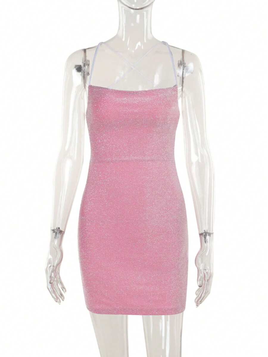 女士性感露背吊带亮片迷你连衣裙，酒会、夏季、婚礼宾客礼服