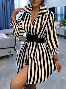 Women's Casual Commuter Striped Mid-Length Shirt, Lapel Flared Sleeves, Button Front Ruffle Detail, Polyester Fabric - Black - View 8