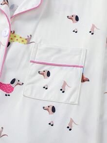 两件套休闲动物可爱腊肠犬印花女士睡衣套装，舒适长袖翻领上衣和松紧腰裤，适合假日派对、四季皆宜的家居服，秋冬季服装。 - 米色 - 查看 6