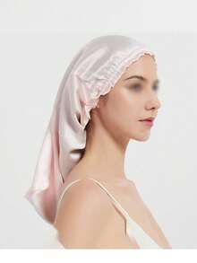 قبعة نوم طويلة من الساتان، قبعة العناية بالشعر مع حزام رقبة مطاطي، وشاح رأس من ألياف البوليستر بلون واحد