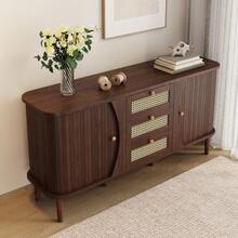 Sideboard, Rattan Chest Of Drawers, Chest Of Drawers With Sliding Doors, Adjustable Shelves And Rounded Top. - Natural + Particle Board - View 6